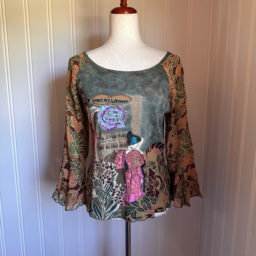 Vintage Y2K Fairy Beaded Bell Sleeve Top L